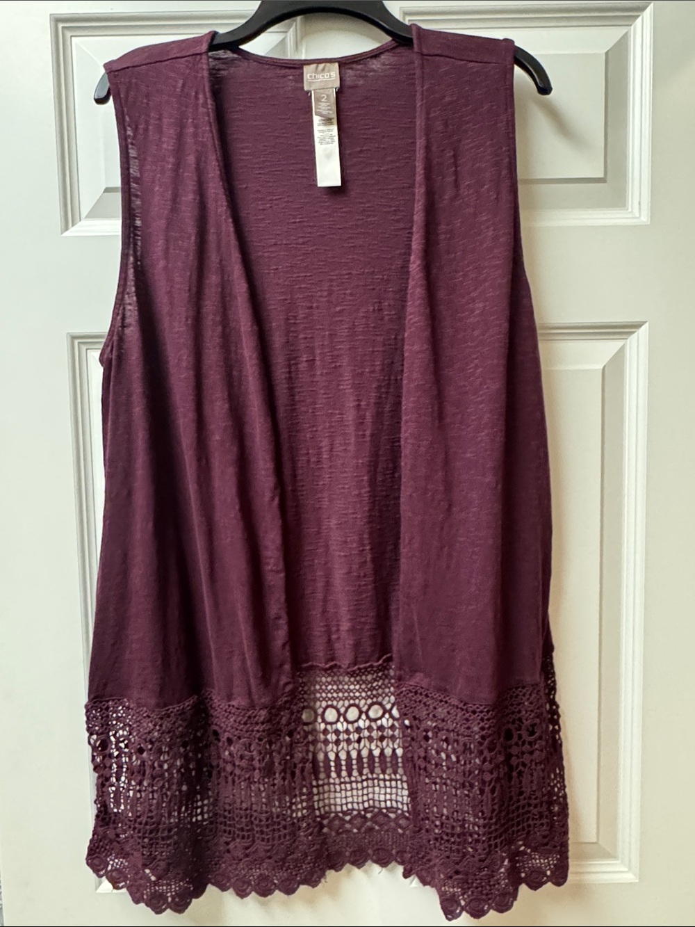 Chico’s Plum Sleeveless Open-Front Crochet-Hem Vest - Size Large (Chico’s 2)